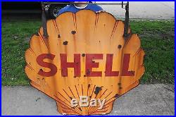 Large Vintage c. 1930 Shell Gas Station 2 Sided 48 Porcelain Metal Sign WithHanger