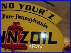 Large Vintage''pennzoil'' Double Sided 31x21'' Porcelain Sign With Bracket