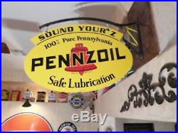 Large Vintage''pennzoil'' Double Sided 31x21'' Porcelain Sign With Bracket