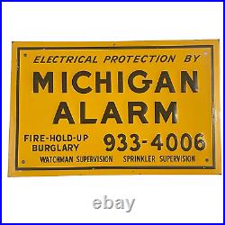 MICHIGAN ALARM vtg Embossed Tin Advertising Sign FIRE HOLD-UP BURGLARY WATCHMAN