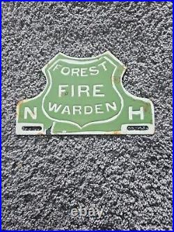 NICE 1940'S VINTAGE NEW HAMPSHIRE PORCELAIN FOREST FIRE WARDEN SIGN 8 X 5 Inches