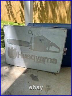 ORIGINAL Vintage EMBOSSED Husqvarna Chainsaws tin tacker sign advertising WORN