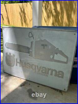 ORIGINAL Vintage EMBOSSED Husqvarna Chainsaws tin tacker sign advertising WORN