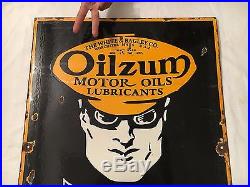 Oilzum Motor Oils Lubricants 1940's Vintage Porcelain 2 Sided Enamel Sign