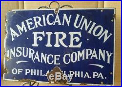 Old Vintage American Union Fire Insurance Porcelain Sign Philadelphia