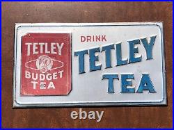 Old Vintage Drink Tetley Budget Tea Sign Tin over Cardboard TOC Rare