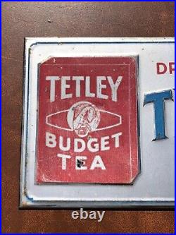 Old Vintage Drink Tetley Budget Tea Sign Tin over Cardboard TOC Rare