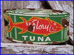 Old Vintage Sea Glory Porcelain Sign Tuna Fish Factory Diecut Fisherman Food