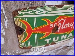 Old Vintage Sea Glory Porcelain Sign Tuna Fish Factory Diecut Fisherman Food