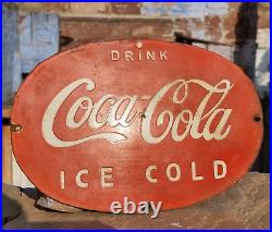 Original 1930s Old Vintage Rare Drink Coca Cola Oval Porcelain Enamel Sign Board