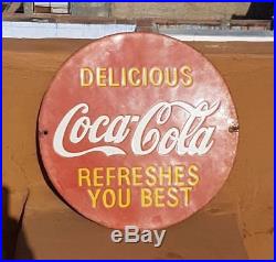 Original 1940's Old Vintage Rare Delicious Coca-Cola Porcelain Enamel Sign Board