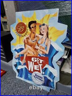 Original Vintage Budweiser Beer Beach Metal Embossed Sign GET WET Rare! Gas Oil
