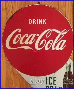 Original Vintage Double Sided Metal Coke Coca-Cola Flange Sign Ice Cold