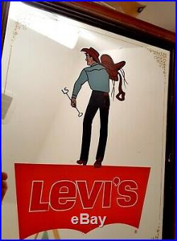 Original Vintage Levi's Advertising MIRROR 1950s SADDLEMAN DENIM COWBOY 16X14