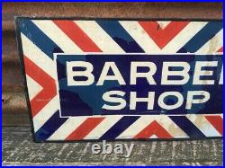 Original Vintage Porcelain Barber Shop Double Sided Flange Sign 12x24 Inch Old