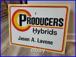 Original Vintage Producers Hybrid Sign Metal Embossed Corn Seed Feed Cow Hog NOS