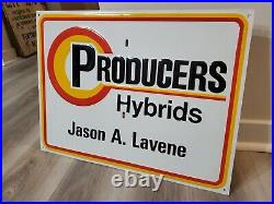 Original Vintage Producers Hybrid Sign Metal Embossed Corn Seed Feed Cow Hog NOS