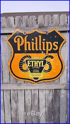 PHILLIPS 66 Ethyl Burst 2-Sided Porcelain Sign DSP Badge Gas Oil Auto Vintage
