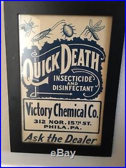 QUICK DEATH Insecticide VINTAGE Original Framed Cardboard SIGN Early 1900s