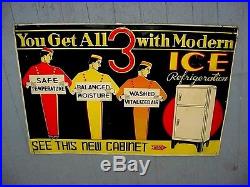 RARE ART DECO GRAPHIC 1920s Vintage MODERN ICE BOX Old Embossed Tin Sign