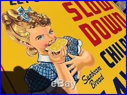 RARE Vintage Antique Road Sunbeam Bread Girl Flour Bakery Tin Non Porcelain Sign