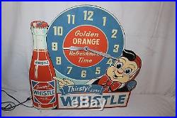Rare Vintage 1940's Whistle Orange Soda Pop Gas Oil 24 Clock SignNice & Works