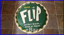 Rare Vintage Drink Flip perfect bracer drink or chaser 29 bottle cap tin sign