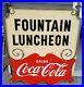 Rare-vintage-Drink-Coca-Cola-FOUNTAIN-LUNCHEON-porcelain-double-sided-Sign-01-hn