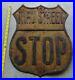 STOP-SIGN-Shield-Vintage-Yellow-Original-Embossed-Stamp-Road-Highway-Very-Rare-01-fmfj