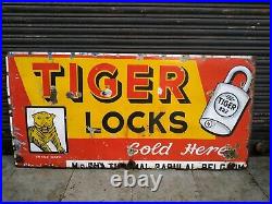 Tiger Locks Vintage Old Original Enamel Porcelain Sign Board Huge Size 69 X 34