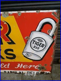 Tiger Locks Vintage Old Original Enamel Porcelain Sign Board Huge Size 69 X 34