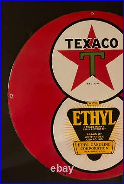 Ultra Rare Vintage 1930 Texaco Ethyl Gasoline Porcelain 8 Ball Sign 30