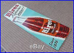 VINTAGE 1950s Embossed Metal Tin Hires Root Beer Sign Soda Vertical Bottle Sign