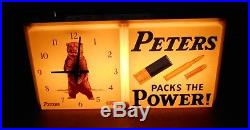 VINTAGE 1950s PETERS BULLETS RIFLE GUN HUNTING LIGHTED SIGN CLOCK GAS OIL BEAR