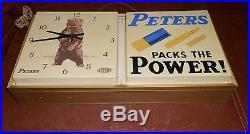VINTAGE 1950s PETERS BULLETS RIFLE GUN HUNTING LIGHTED SIGN CLOCK GAS OIL BEAR