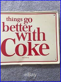 VINTAGE 1960's COCA COLA THINGS GO BETTER WITH COKE BUTTON SODA METAL SIGN
