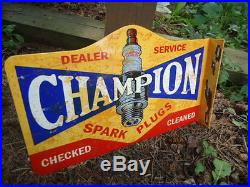 Vintage Champion Spark Plug Double Sided Flange Metal Porcelain Coated Sign