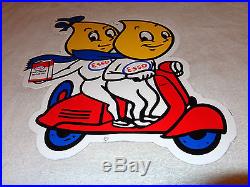 Vintage Esso Oil Drop Boy & Girl Riding A Vespa Scooter 20 X 16 Porcelain Sign