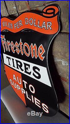Vintage Firestone Tires Most Miles Per Dollar 16 14 2 Sided Metal Flange Sign
