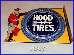 Vintage Hood Tire Dealer 16 X 12 Metal 2 Sided Gas, Oil & Tires Flange Sign Nr