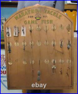 VINTAGE ORIGINAL 1929 1940's MARATHON BAIT CO. DEALER DISPLAY BOARD / SIGN