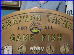 VINTAGE ORIGINAL 1929 1940's MARATHON BAIT CO. DEALER DISPLAY BOARD / SIGN