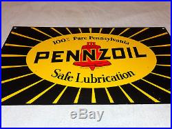 VINTAGE PENNZOIL SAFE LUBRICATION 27 x 15 PORCELAIN GAS & OIL SIGN! PUMP PLATE