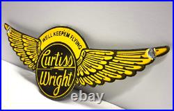 VINTAGE Porcelain Curtiss Wright Airplane Service Sign 10WX 3.75T Chips Fading