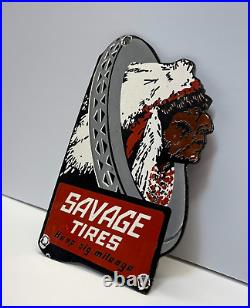 VINTAGE Porcelain Savage Tires Indian Head Service Sign 5WX 8T small chips