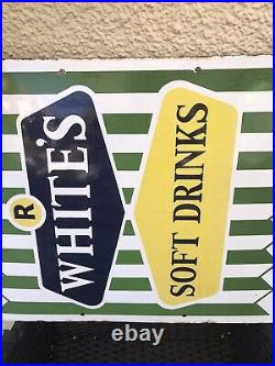 VINTAGE R WHITE'S SOFT DRINKS ORIGINAL ENAMEL ADVERTISING SIGN 1960s