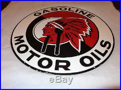 Vintage Rare Red Indian Gasoline & Motor Oil 30 Double Sided Porcelain Gas Sign