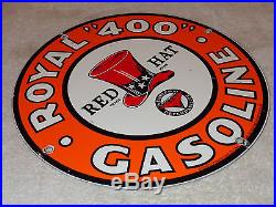 Vintage Red Hat Gasoline & Independent Royal 400 Oil 11 3/4 Porcelain Gas Sign