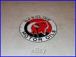 Vintage Red Indian Gasoline & Motor Oil 11 3/4 Porcelain Gas Sign Pump Plate Nr