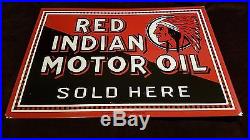 Vintage Scarce Red Indian Motor Oil 18 X 12.5 Porcelain 2 Sided Gas & Oil Sign
